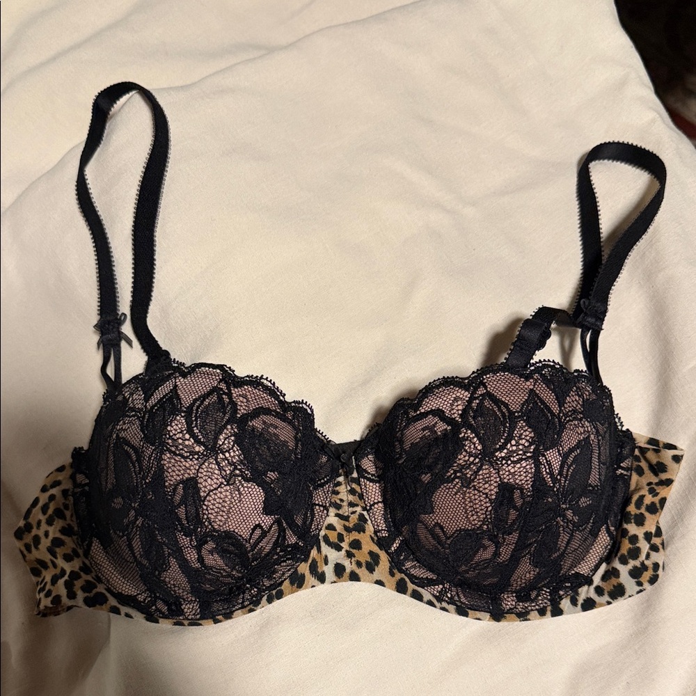 Victoria's Secret Black Lace and Leopard Balconette Bra